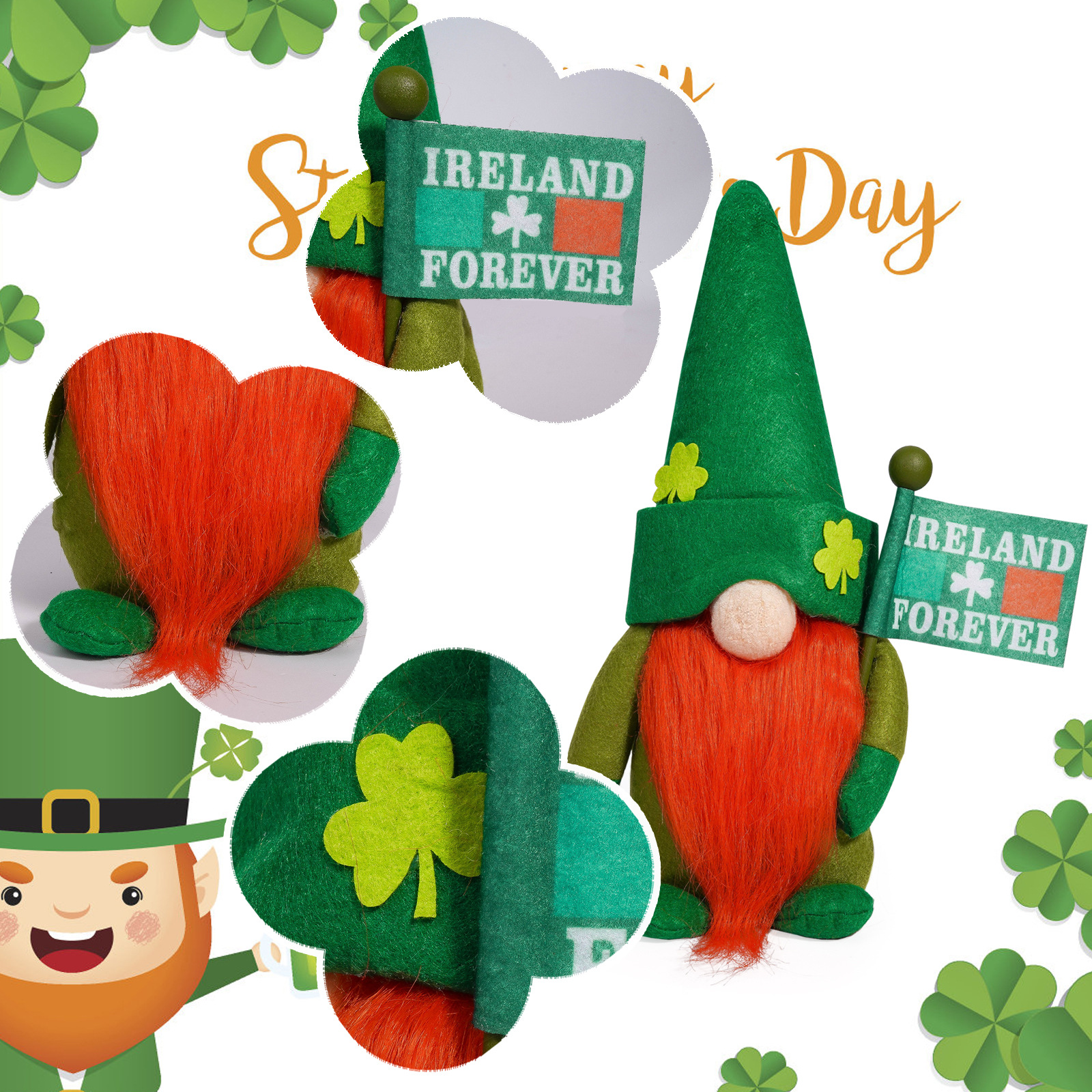 Muñecas irlandesas transfronterizas del día de San Patricio sin cara enano creativo hojas verdes Rudolph decoraciones