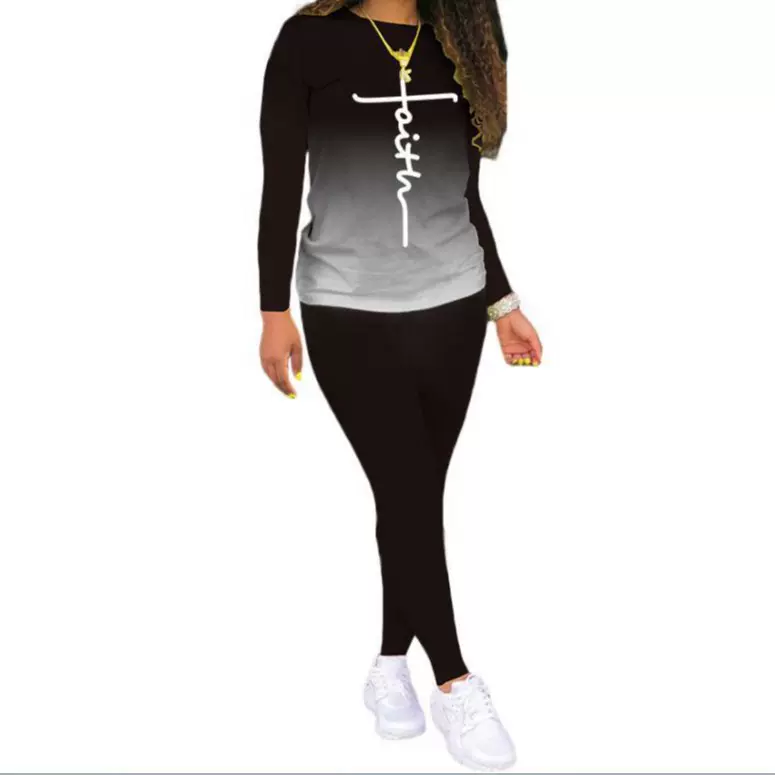 亚马逊 欧美女装 数码印花 渐变色 长袖 休闲套装 卫衣+长裤 现货