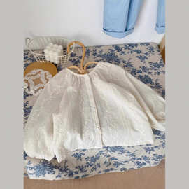 女童文艺风满刺绣衬衫春秋新款女宝宝韩版洋气棉布圆领开衫上衣潮