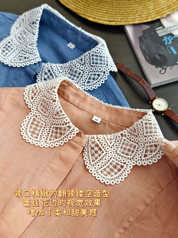 French-Style Yarn-Dyed Linen Heavy Lace Hollow Collar Pearl Button Raglan Short-Sleeve Half Placket Pullover Top