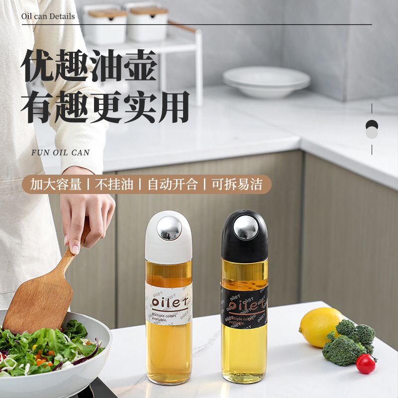 La nueva olla de aceite de vidrio de apertura y cierre automático, botella de condimento de cocina para el hogar, mayor capacidad, boquilla de aceite en forma de gota, tanque de vinagre de salsa de soja