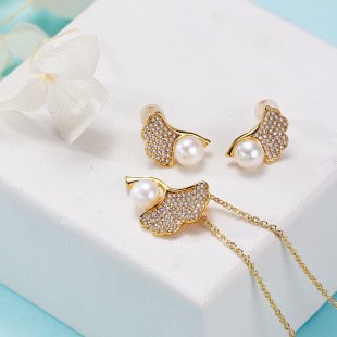 Freshwater Pearl Jewelry suit Women Pendant Earrings Ginkgo Leaf Two-Piece Set Girls S925 Silver Needle Jewelry Wholesale