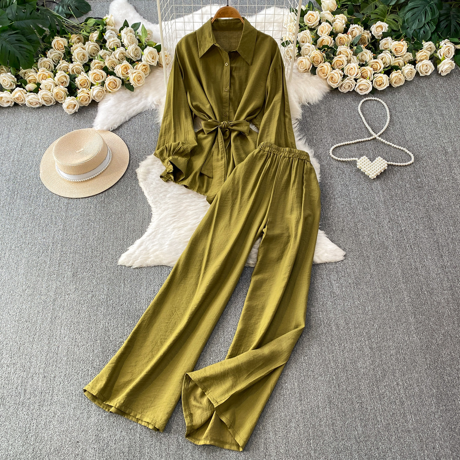 Women's Korean Style Two-Piece Set - Loose Long Sleeve Shirt With Tie-Waist & Wide Leg Trousers, Casual Office Wear Summer Outfit_ecoleips.com