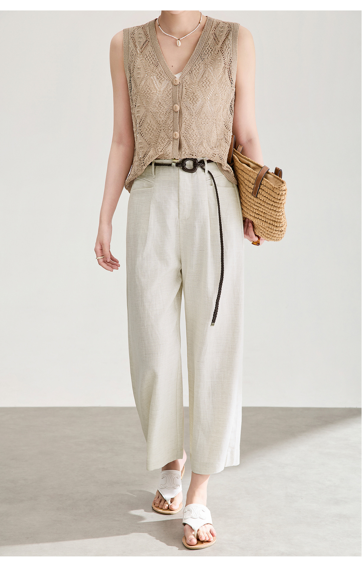 Quần culottes nữ ống rộng chất liệu linen phối sợi tencel, cạp cao dáng suông, mặc mùa hè thoáng mát — Xanh lông mòng đen chi tiết 11