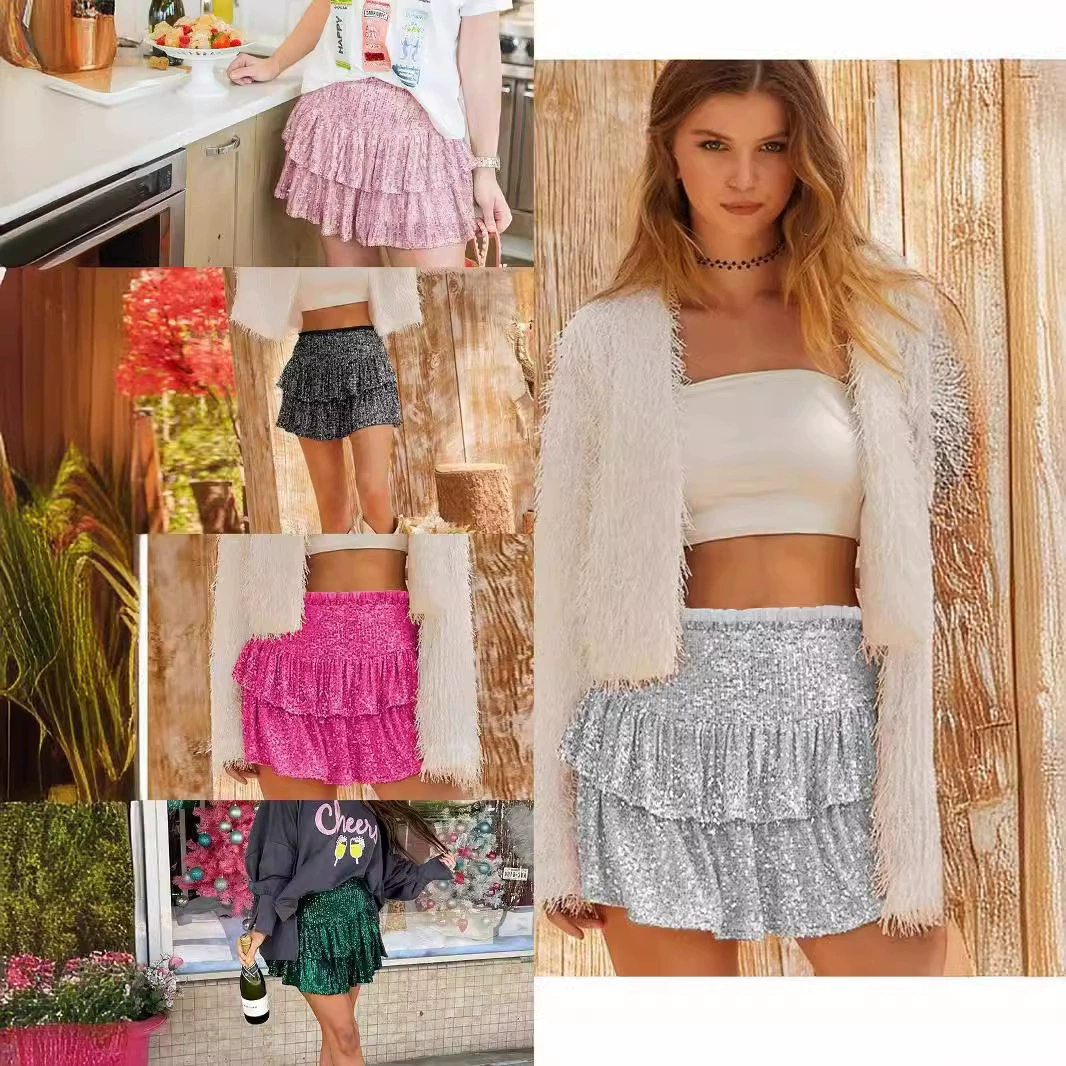 Amazon трансграничная европейская и американская новая горячая девушка бисер юбка юбка с блестками сексуальная короткая юбка сплошной плиссированная юбка