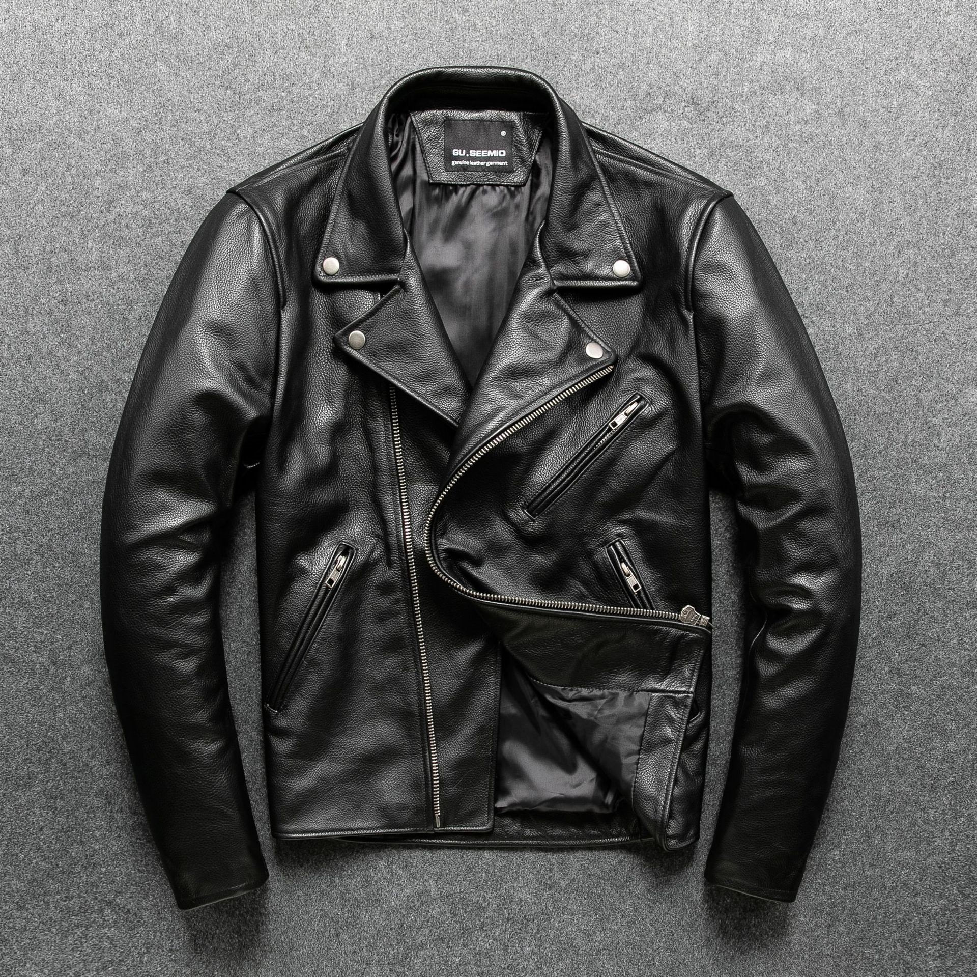 Pure cowhide leather jacket, American style top-layer motorcycle leather jacket, turn-down collar, diagonal zipper, men's wholesale, short slim-fit vintage style