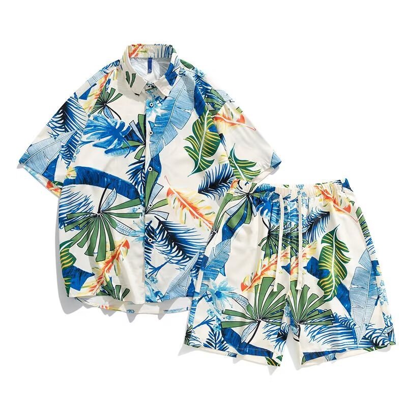 夏威夷风衬衫套装男夏季度假休闲短袖短裤海边沙滩花衬衣两件套装
