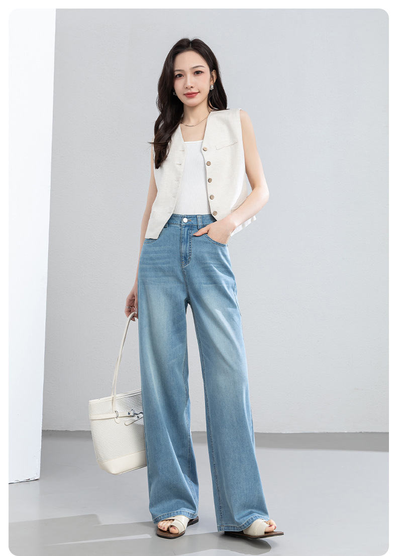 Quần jean nữ cao eo ống rộng dáng suông, chất liệu cotton pha tơ tằm thoáng mát, dài 103 cm — Thông thường - chiều dài quần khoảng 103cm chi tiết 20