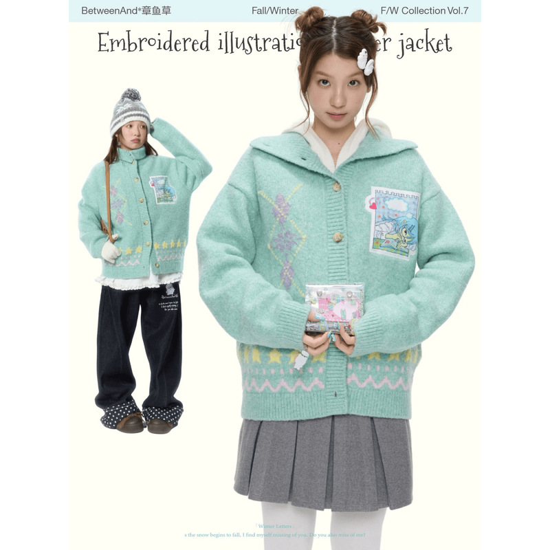 Korean-style, niche, trendy, and playful patchwork graphic print mint green autumn/winter soft and slimming sweater cardigan for women Korean-style, niche, trendy, and playful patchwork graphic print mint green autumn/winter soft and slimming sweater cardigan for women