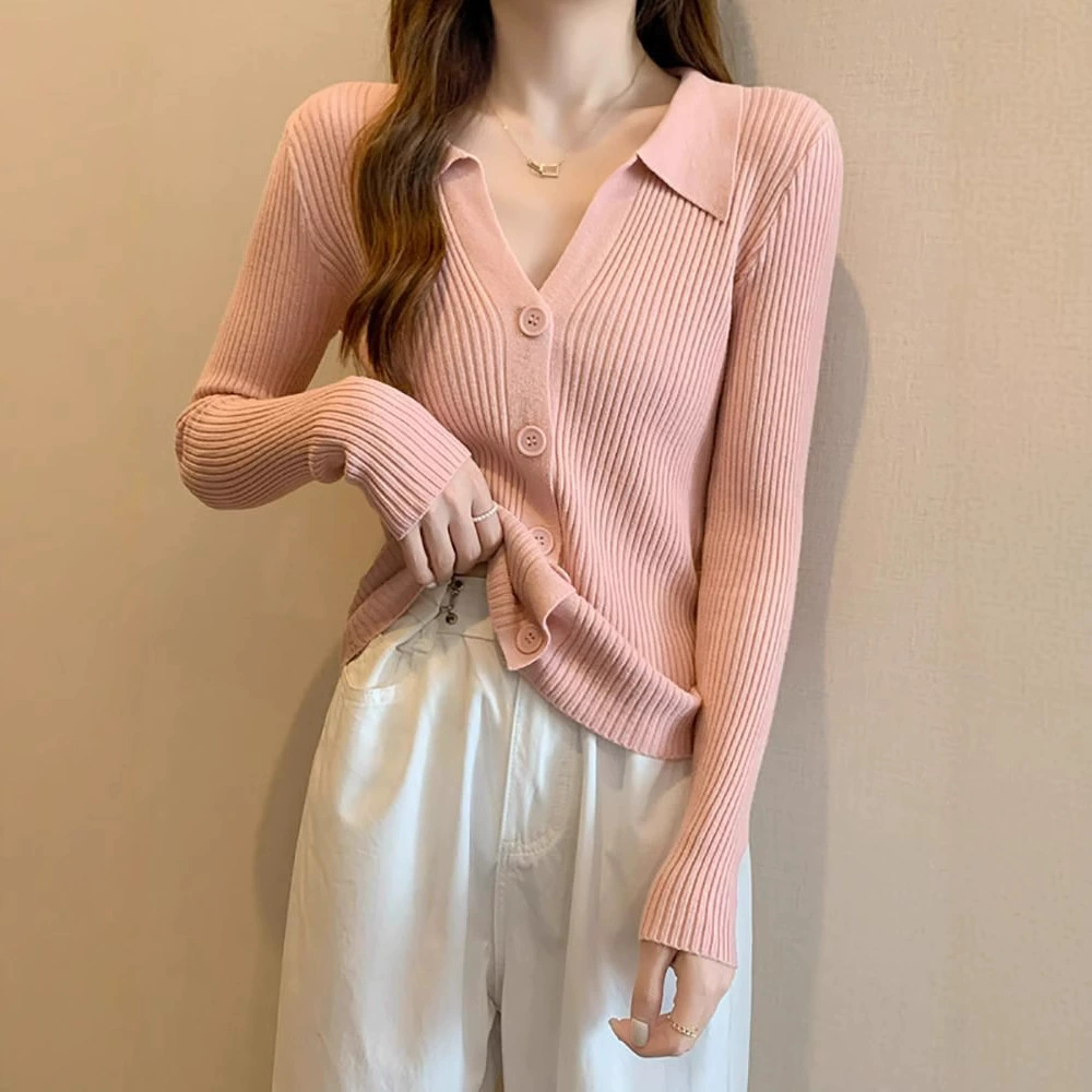 Трансграничный розовый вязаный поло отворот шикарный резьбовой кардиган женский весенний и осенний модный пуговицы с длинными рукавами топ