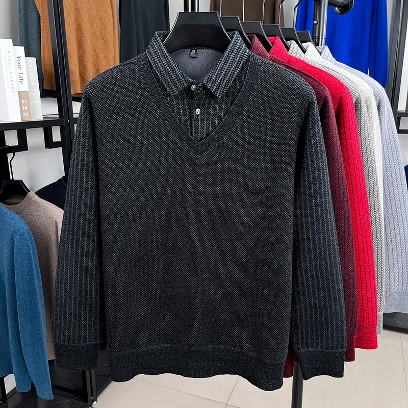 Falsos dos suéteres de hombre camisa de cuello camisa de invierno juvenil de mediana edad con camisa de punto de hombre de terciopelo más grueso