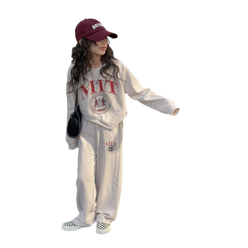 Djevojački široki pulover s razigranim slovima, nepravilnog oblika, dugih rukava, T ravne široke hlače od dva dijela_voghion.com