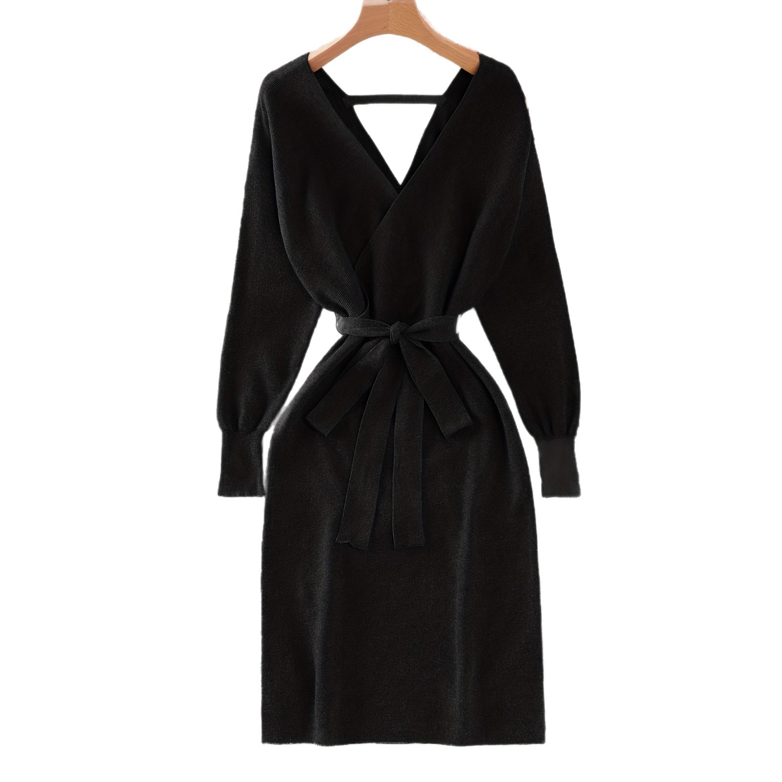 Women's Solid Color Knitted Dress With Bow Belt V Neck Long Sleeve Fashion_voghion.com