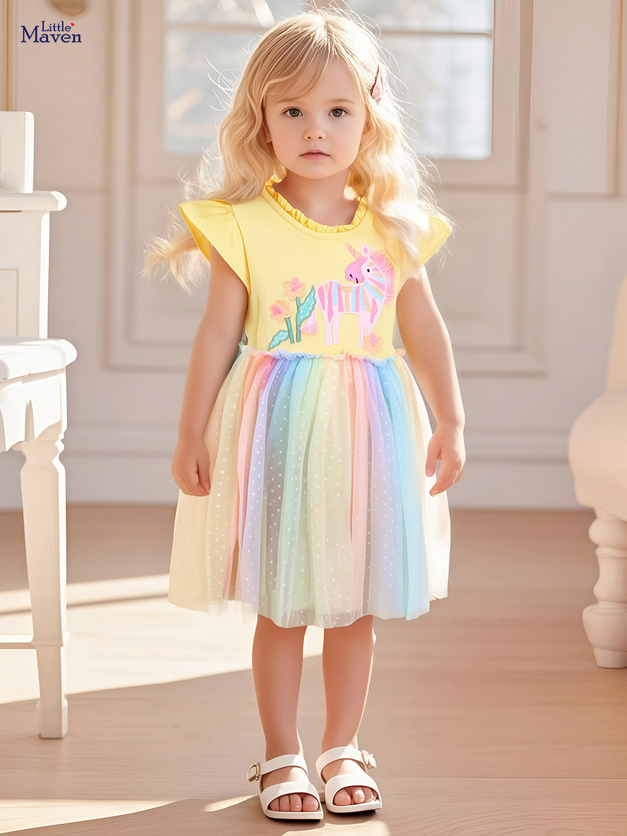 Pequeño experto europeo y americano niños princesa vestido verano puro algodón malla niños falda niñas Vestido de manga corta