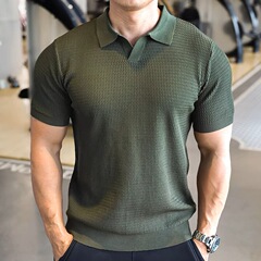 アメリカンスポーツランニングvネックポロシャツメンズニット半袖tシャツゆったり折り襟無地トップス春夏