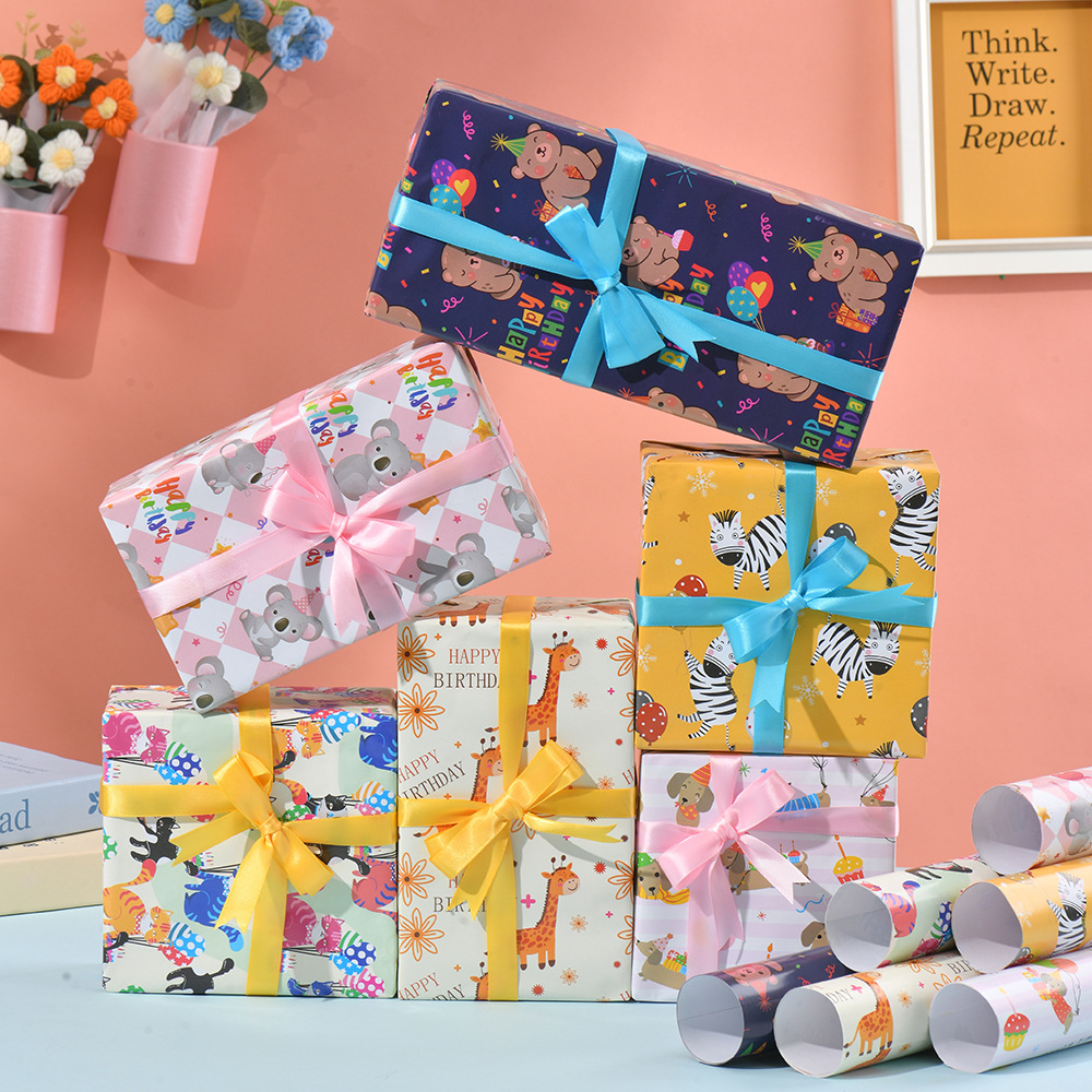 Nuevo papel de embalaje de regalo de dibujos animados de animales papel de regalo de cumpleaños para niños caja de regalo de vacaciones papel de regalo embalaje de papel recubierto