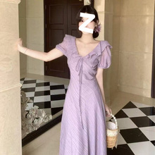 2025夏季新款温柔风高级感连衣裙荷叶边泡泡袖显瘦法式收腰长裙子