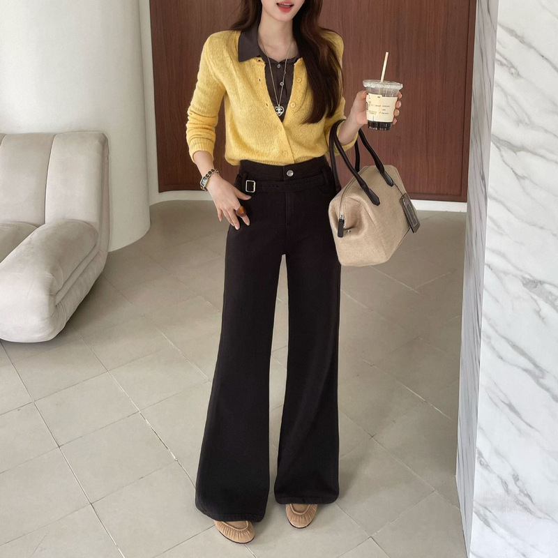 Autumn TOP European-style Guangzhou Thirteen-Line fabric belt 360-degree perfect stretch caramel brown flared jeans 61855