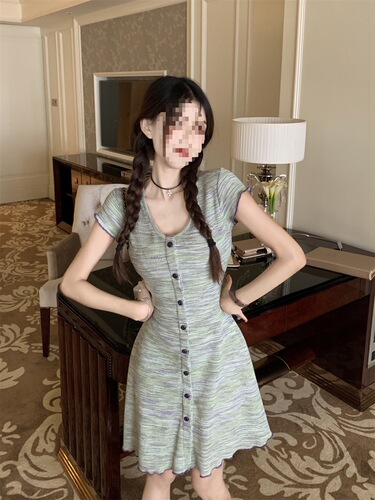 3319 #Pure desire sweet and spicy color stripe short-sleeved dress for women, summer French single-breasted small short skirt, hot girl