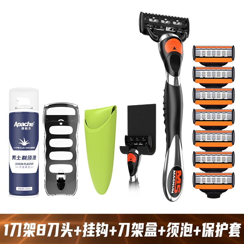 금속 칼 손잡이 1개 + 수입 5겹 칼날 8개 + 후크 + 보호 커버 + 보관 상자 + 면도 폼 230ml