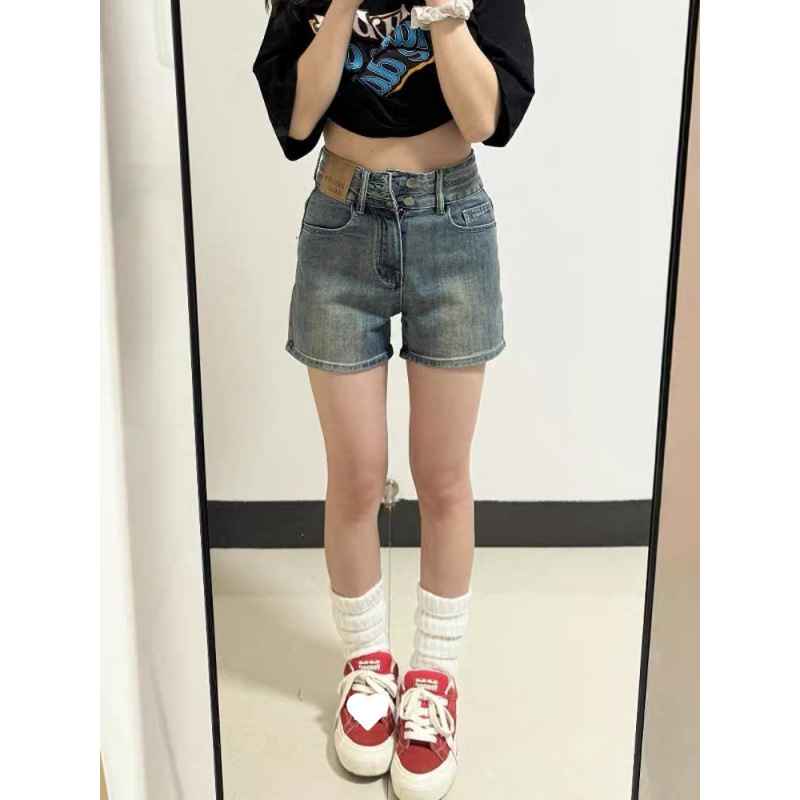 女性用サマーデザインハイウエストデニムショートパンツ、スリムホットガールAラインパンツ、アメリカンレトロルーズワイドレッグホットパンツ|undefined