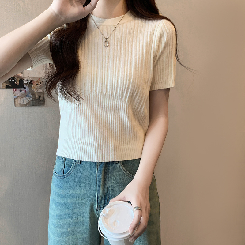 apricot Shoulder Short-sleeved Sweater T-shirt Women's Spring and Summer New Round Neck Slim-fit Spice Girl Short Inner Top