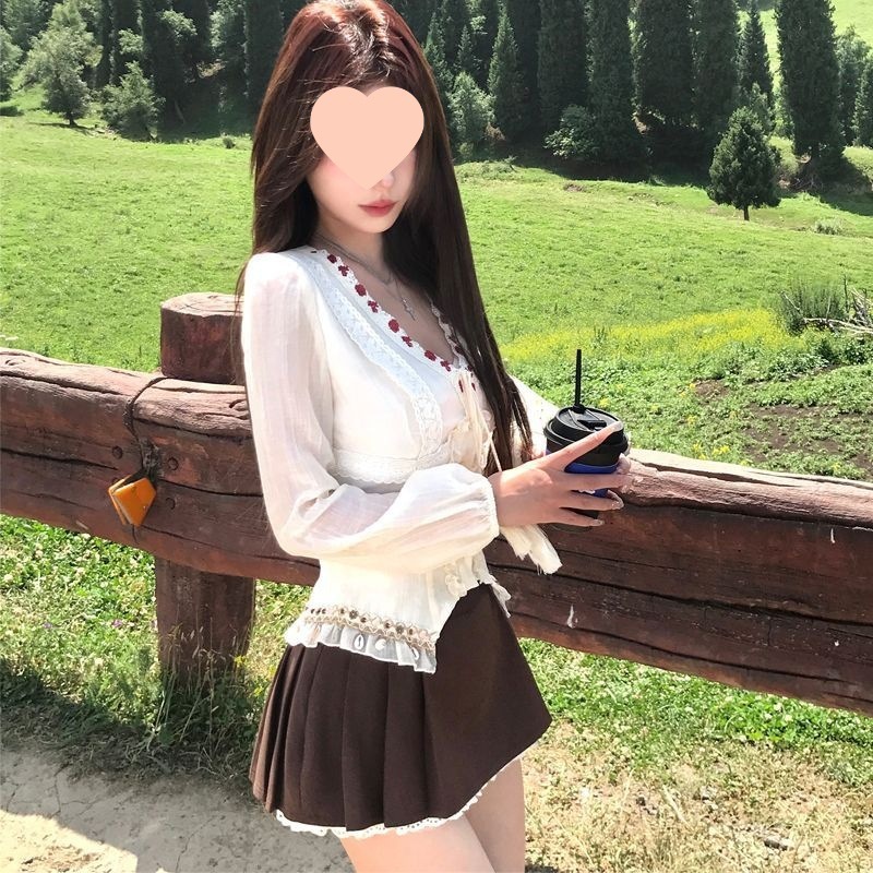 纯欲甜辣修身设计感长袖t恤上衣秋季新款高腰显瘦咖色半身裙套装|undefined