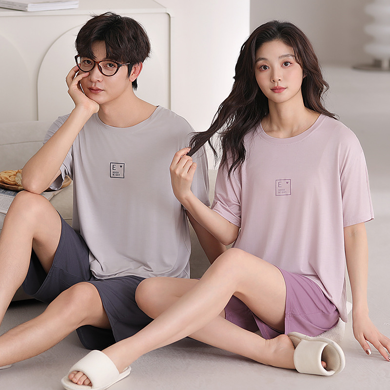 Pajamas de pareja de algodón modales de verano de mangas cortas delgadas 2025 nuevo cuello redondo casual ropa de casa de verano para hombres y mujeres