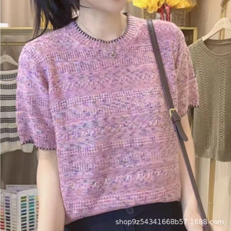 Symphony Cut Out Knitted Short-Sleeved Women's Summer New Lace Pullover T-Shirt Loose and Versatile Elegant Versatile Knitwear Symphony Cut Out Knitted Short-Sleeved Women's Summer New Lace Pullover T-Shirt Loose and Versatile Elegant Versatile Knitwear