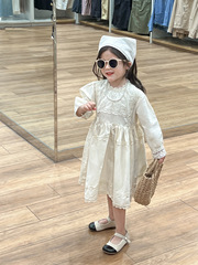 2024春裝女童宮廷風重工款蕾絲花邊仙女禮服娃娃裙公主連衣裙