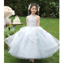 女童主持人绝美挂脖礼服小众轻奢高端儿童蓝色生日公主裙钢琴演奏