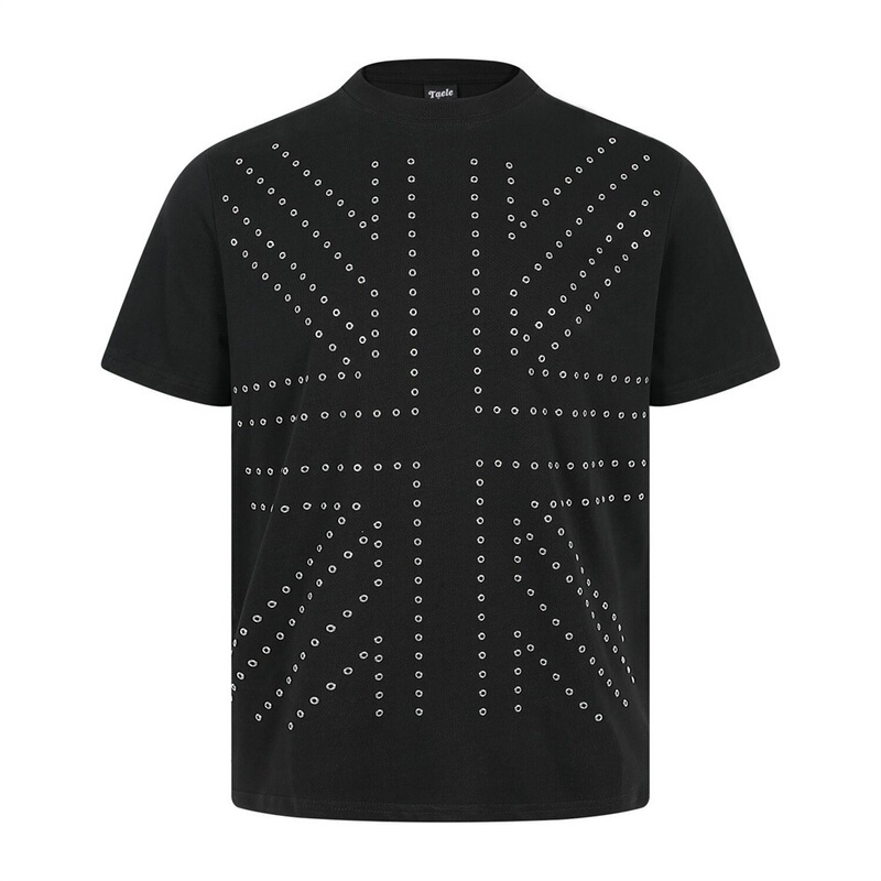 Trendy Creative Summer Pure Cotton T-Shirt with Heavy Metal Decoration, Niche Ins-Style Personalized Design Short-Sleeve T-Shirt for Men with Union Jack Pattern