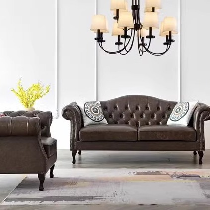 American genuine leather retro sofa light luxury oil wax leather distressed living room simple double three-seat pull buckle combination sofa