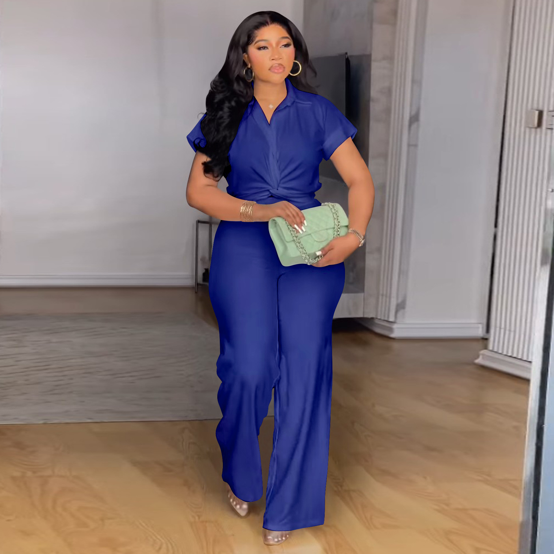 Women's Clothing Plus Size Summer Outfit High Waist Casual Pants & Solid Color Shirt Short Sleeved Two-Piece Set_ecoleips.com