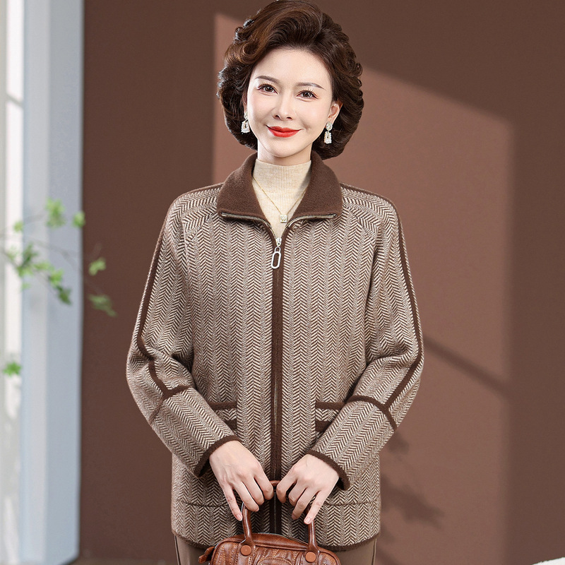 妈妈春秋装双面毛呢带领加厚外套奶奶洋气上衣中老年人女针织开衫|undefined