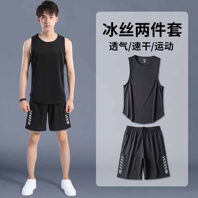 Trajes deportivos de fitness para hombres secado rápido verano hielo camiseta de mangas cortas de montar pantalones cortos chaleco de baloncesto ropa de carrera