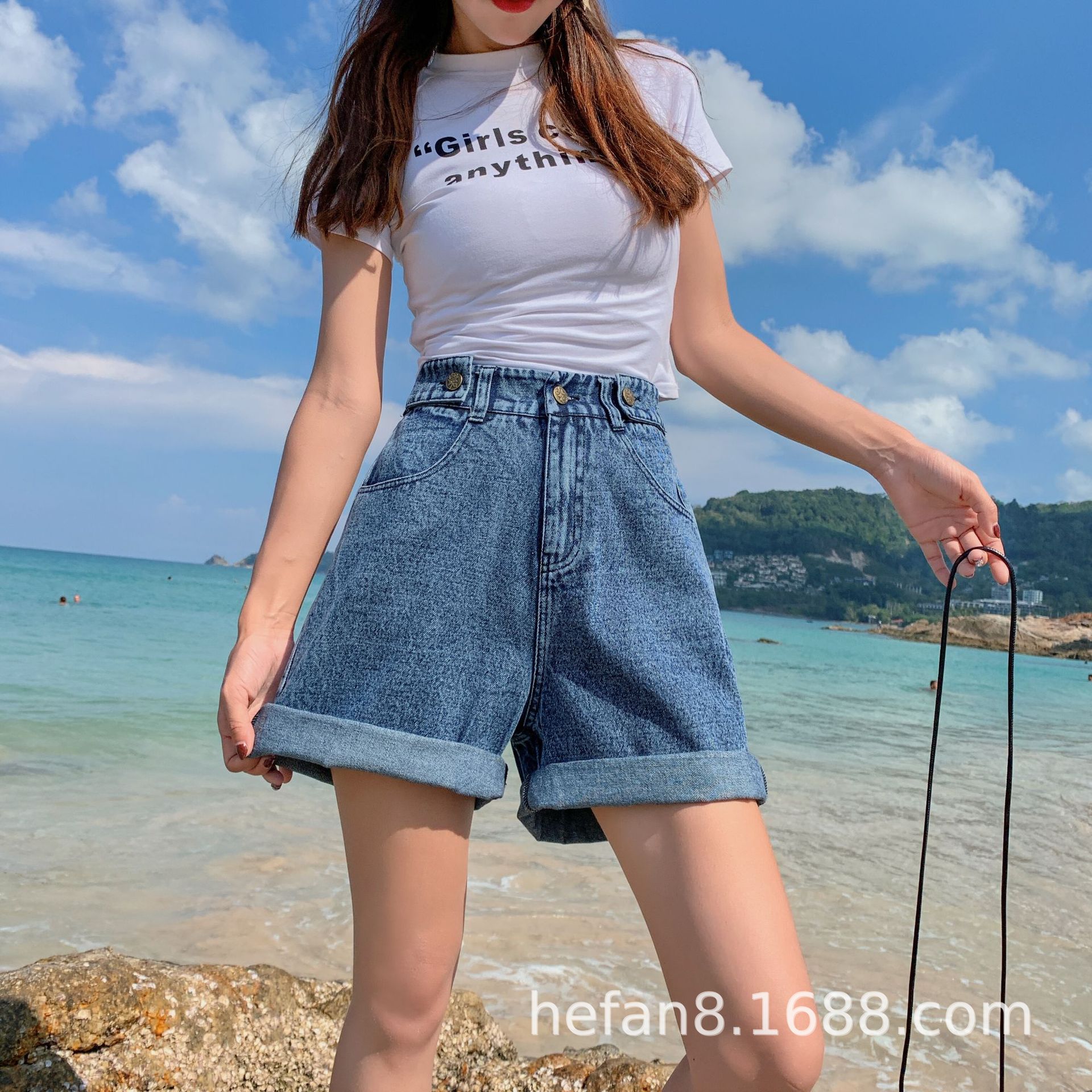 高腰短裤女夏2021新款宽松显瘦牛仔阔腿裤外穿百搭直筒卷边五分裤