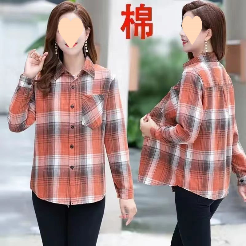 春の新綿レディースシャツ女性の長袖中年母親チェック柄シャツルーズ春と秋の女性のジャケット|undefined