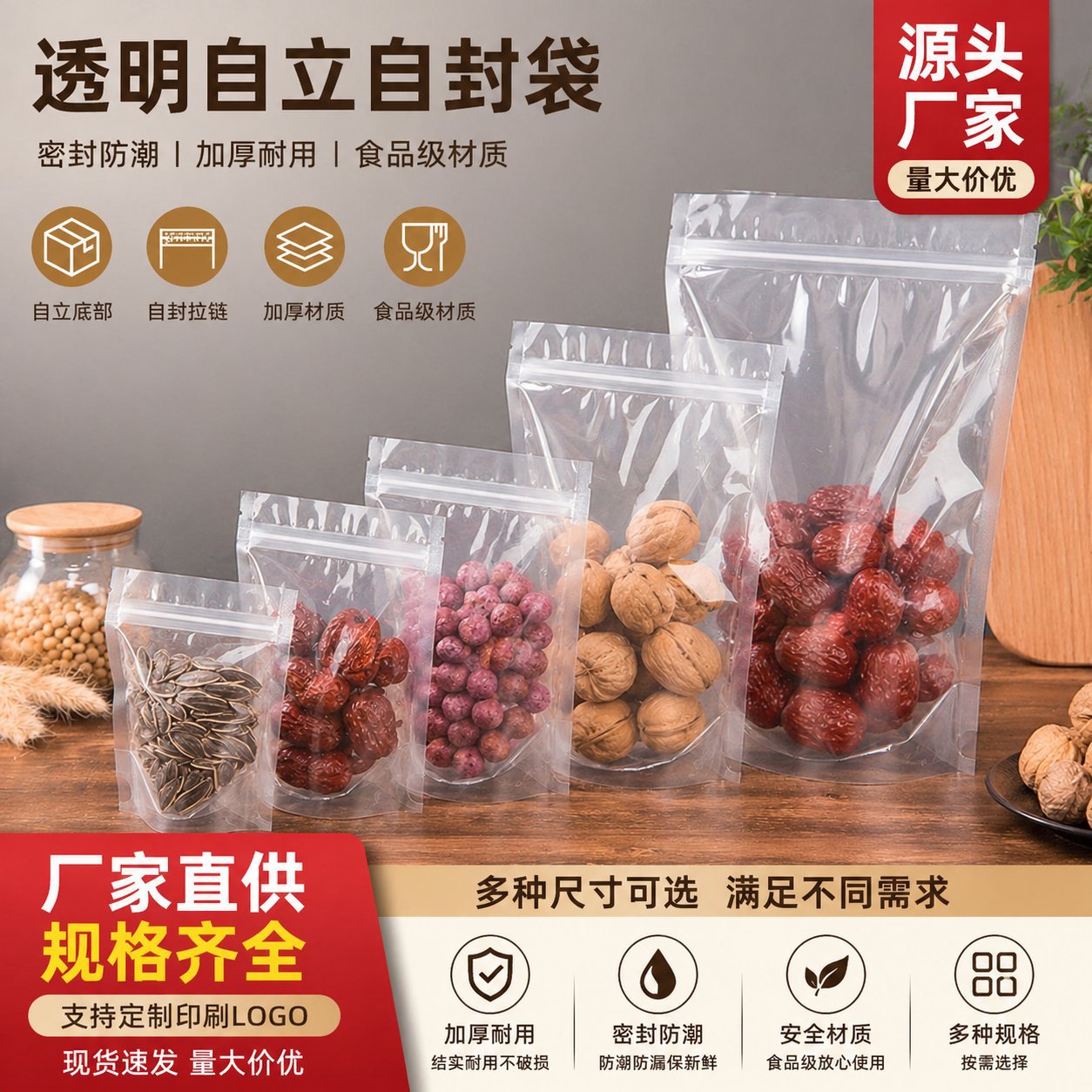 【现货】透明自立自封袋 食品级防潮包装袋 小号花茶干货分装袋