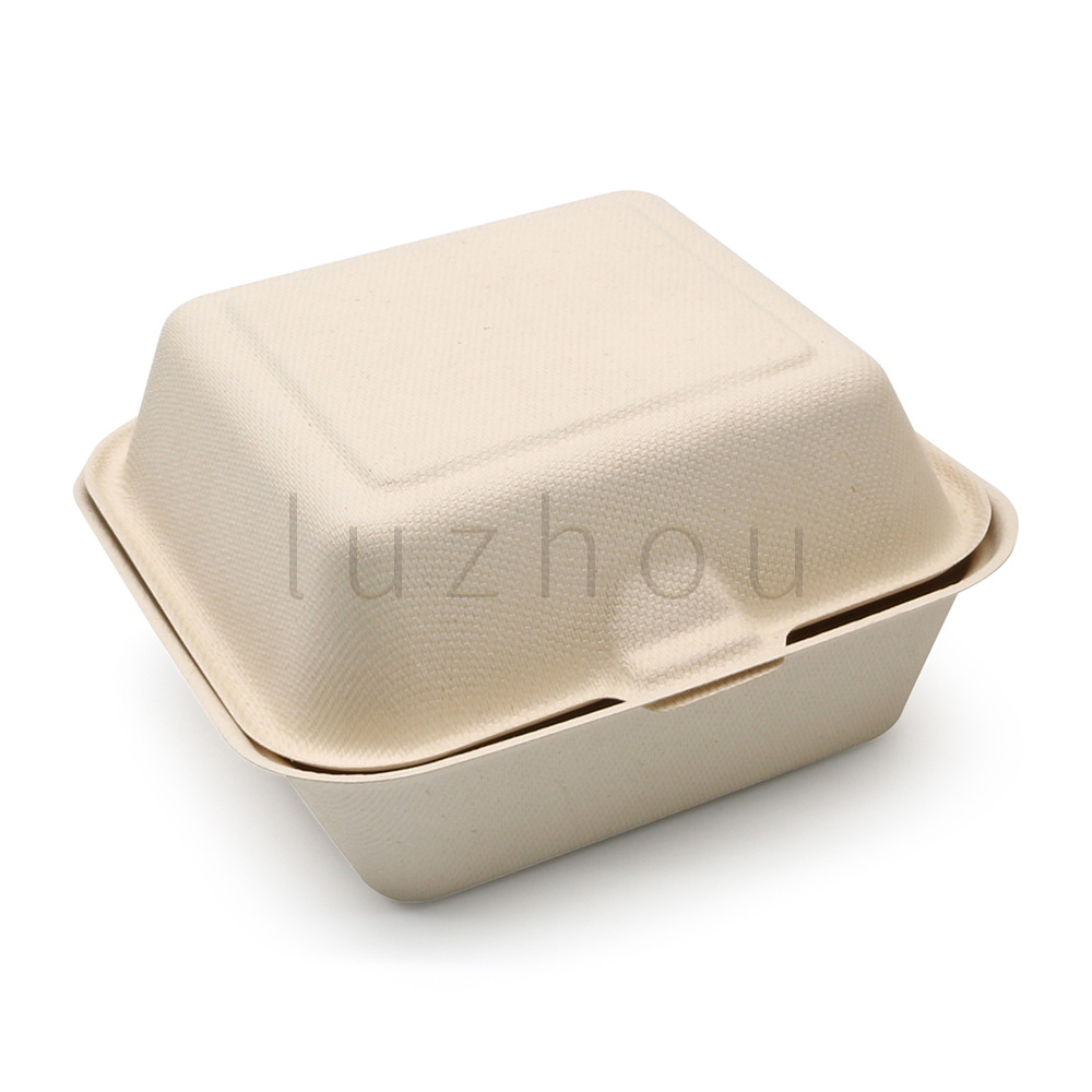Pulpa de caña de azúcar Pulpa de bambú Caja de hamburguesa de 6 pulgadas Protección del medio ambiente Vajilla desechable Moldeo de pulpa compostable degradable