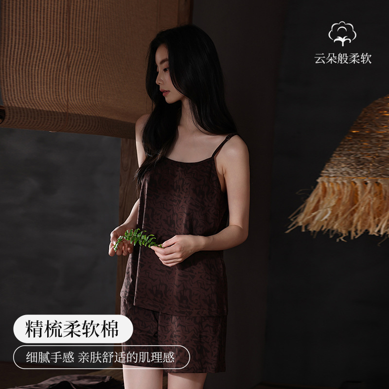 [Soft Feeling Pure Cotton] Pajamas with Breast Pads for Women Summer Suspender Shorts Pure Desire High-Quality Large Size Home Clothes Set