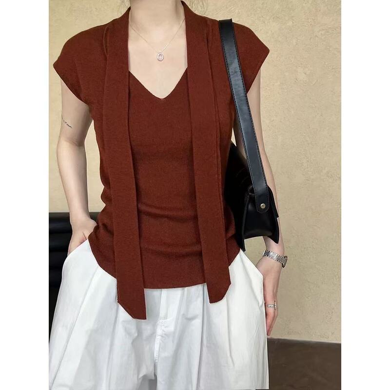 Designed Shawl Ribbon Knitwear Short-Sleeved Women's Summer New V Neck Lace-Up Fake Two-Piece Top Thin Section