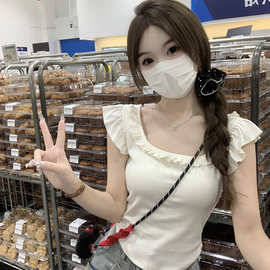人棉 克 夏季修身显瘦短款方领上衣女