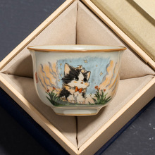 汝窑可爱猫圆鼎茶杯主人杯开片可养高档品茗杯功夫喝茶单杯子