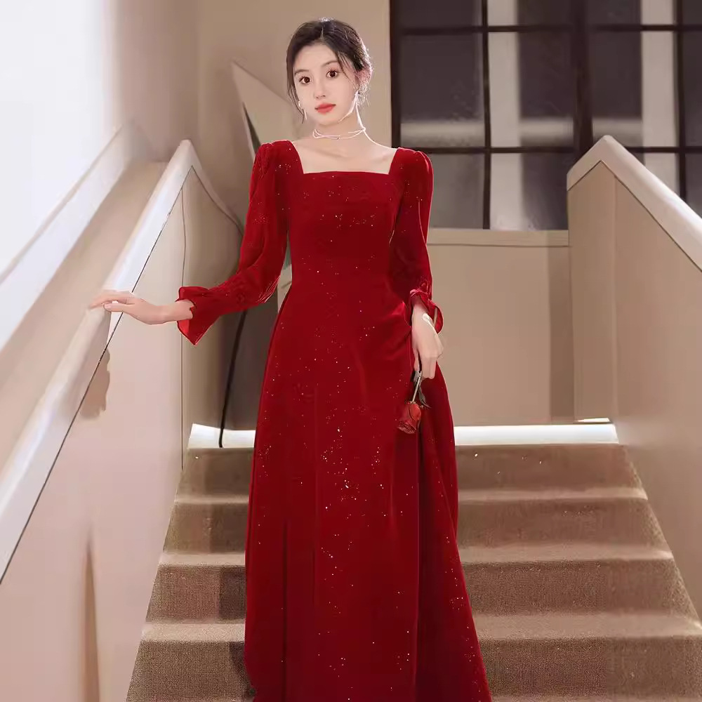 Burgundy Toast Dress Bride Petite High-end Evening Dress Wedding Square Collar Long Thank You Dress Annual Meeting