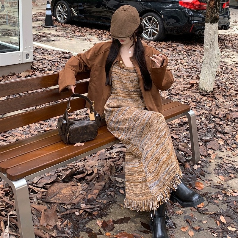 Vintage Maillard Striped Fringe Knitted Sling dress Women's Summer Niche Base Wear Sweater Long Dress