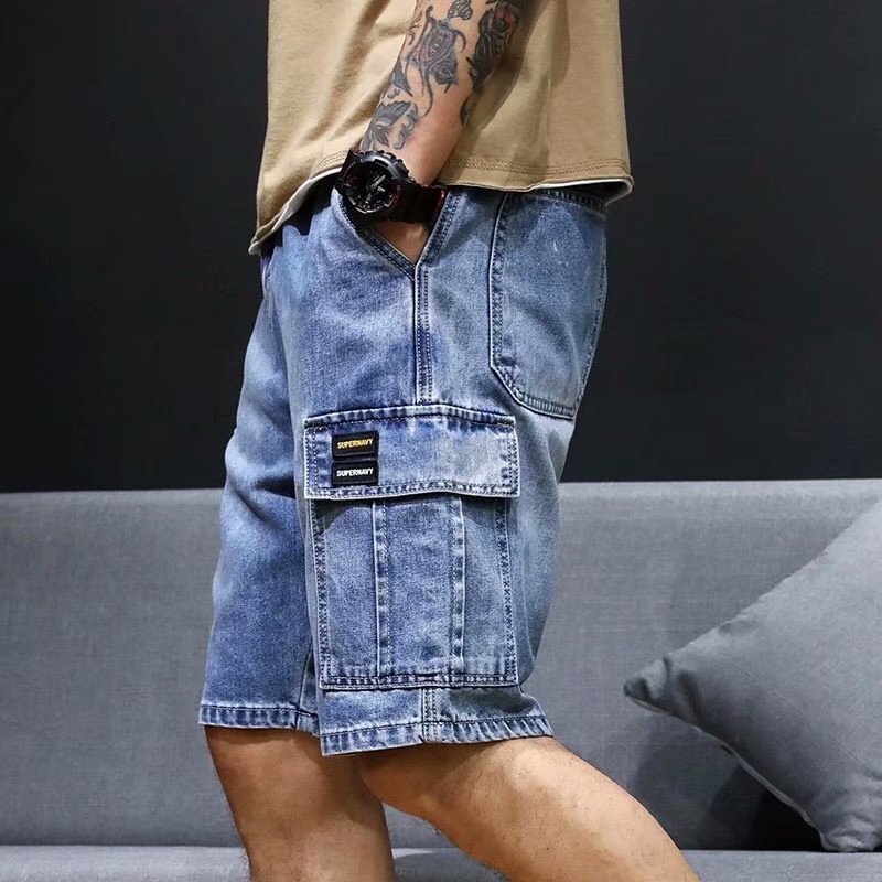 Summer Hong Kong Style Casual All-match Tooling Vintage Distinctive Denim Shorts Men's Fashionable Loose Pants Casual Breeches