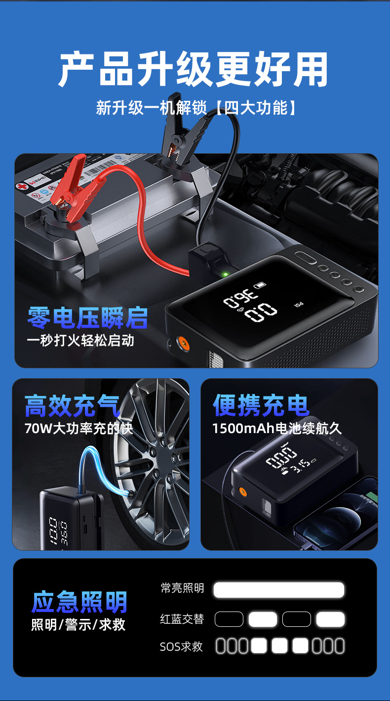 Car Air Pump Emergency Starting Power Supply Wireless Charging Smart Power Bank All-In-One Car Tire Pump