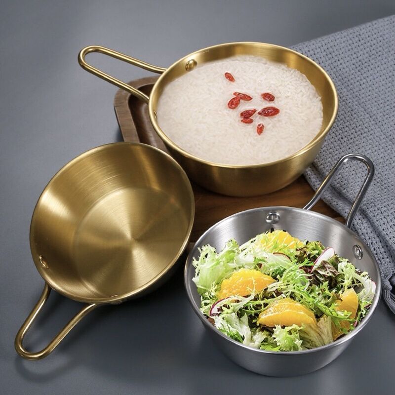 High-Quality Stainless Steel Golden-Colored Rice Wine Bowl with Thickened Lid and Handle, Specialized for Condiments and Sauces in Korean Restaurants