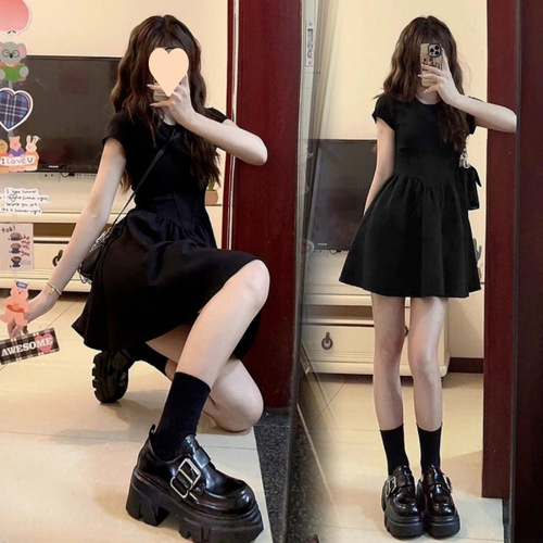 French Hepburn-style black dress for children, summer new arrival, petite size, small black dress, waist-cinching, slimming short skirt